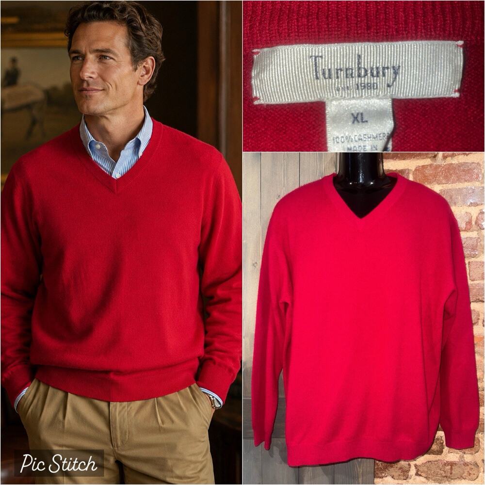 Turnbury 100% CASHMERE Sweater Men’s Size XL V-Neck Burgundy Long Sleeved Preppy